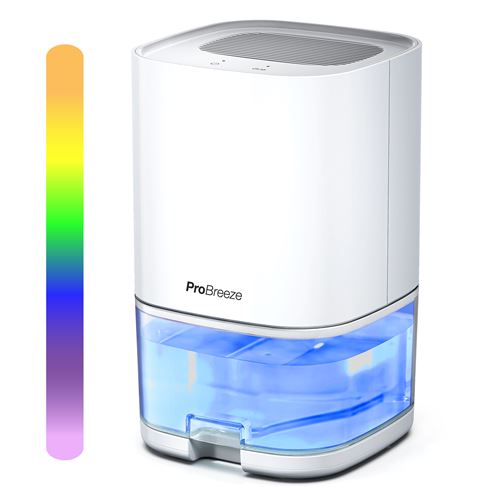 Pro Breeze 1000ml dehumidifier in white with a transparent blue water tank, featuring a 4-hour timer and LED light indicator on the side.