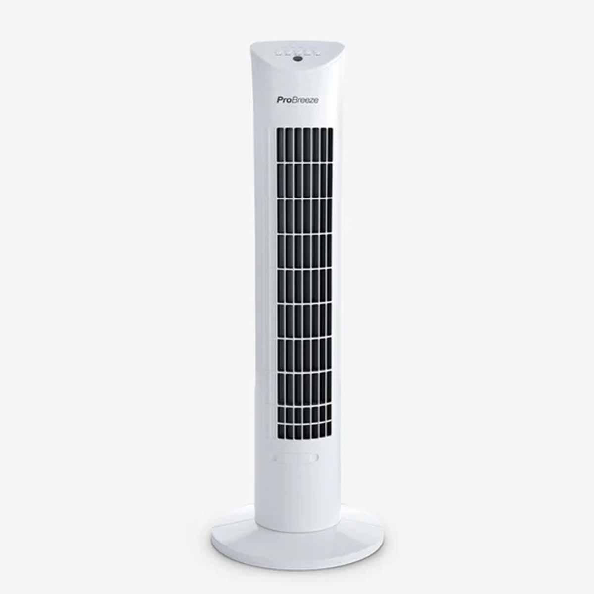 Pro Breeze 30" tower fan in white, featuring a sleek design, multiple speed settings, and a sturdy round base with vertical slats for optimal airflow.
