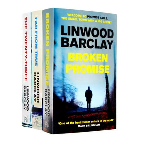 Three paperback books in a collection titled "Promise Falls Trilogy" by Linwood Barclay, featuring blue and white covers with a silhouette of a person against a foggy background.