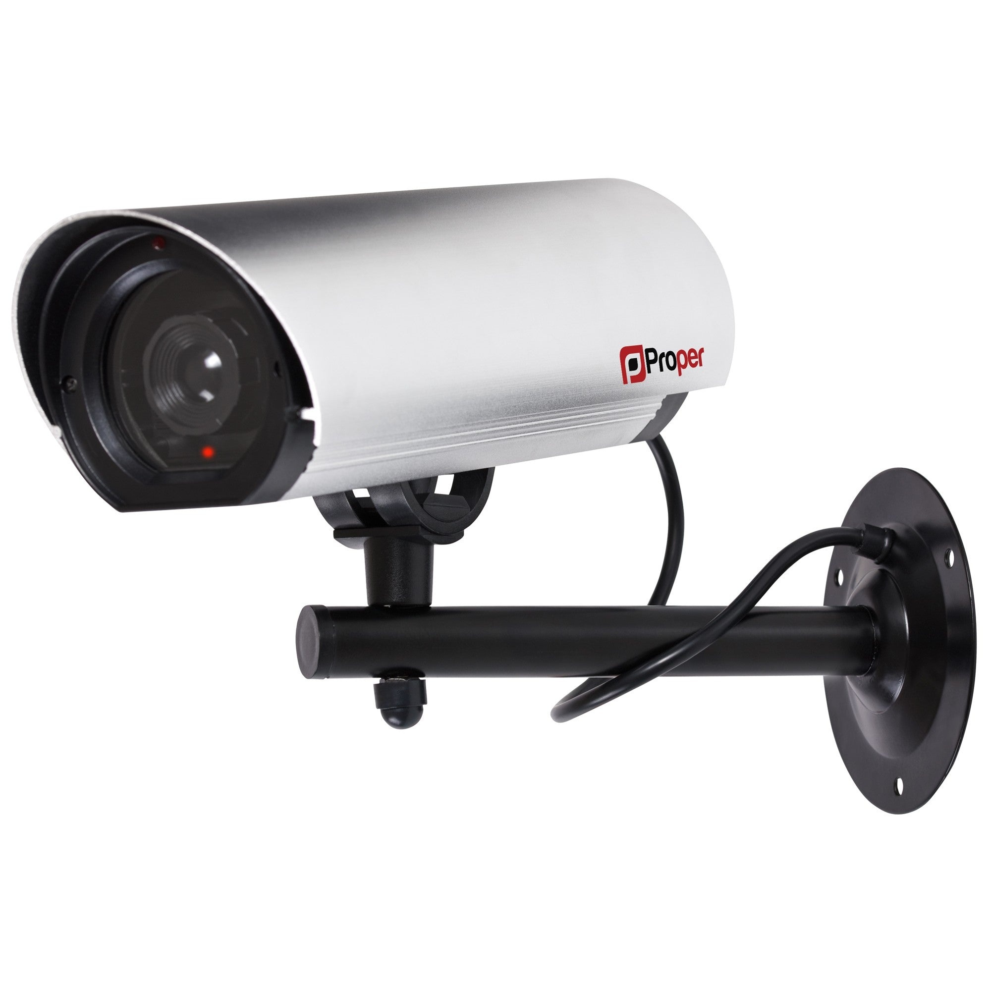 Large imitation security camera with a silver aluminum body, black mounting bracket, and LED light, featuring a realistic lens design and ProperAV branding.