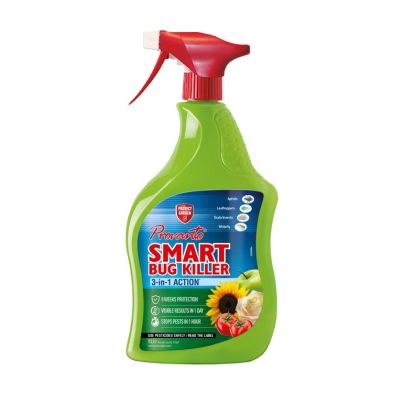 Green plastic spray bottle with a red trigger, labeled "Provanto Smart Bug Killer - 1L" featuring colorful images of flowers and fruit, highlighting its 3-in-1 action for pest control.