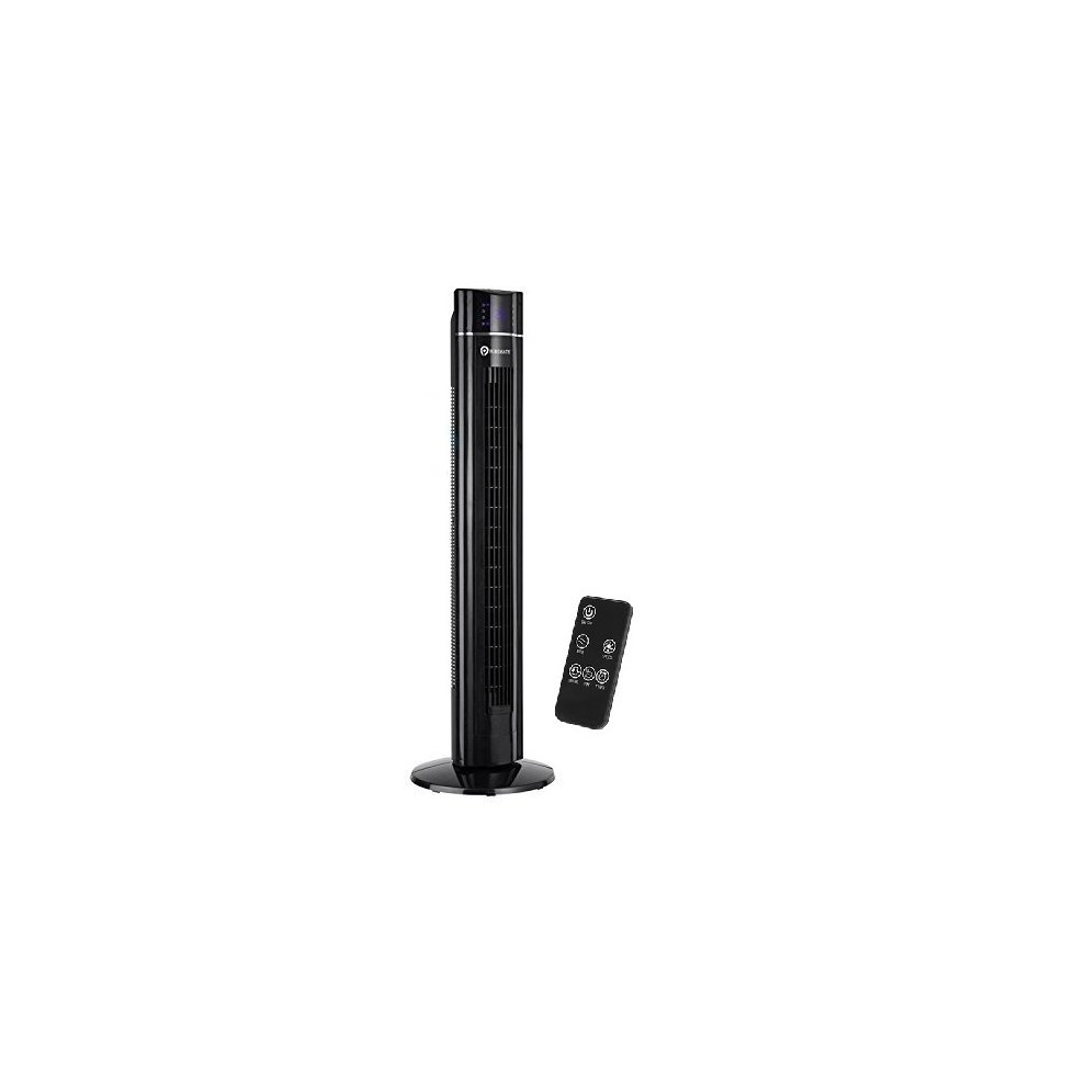 Sleek black 43-inch tower fan with a slim design, featuring a digital control panel and a remote control for convenient operation.