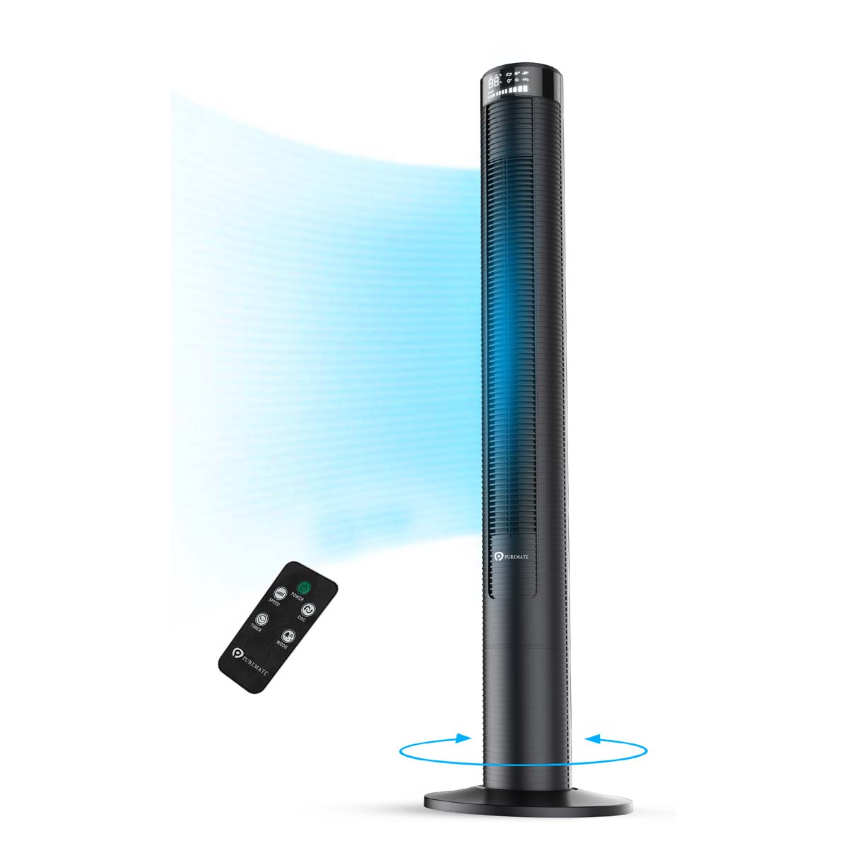 46-inch black tower fan featuring 3 speed settings, 4 wind modes, a 12-hour timer, and a remote control, designed for efficient airflow and modern aesthetics.