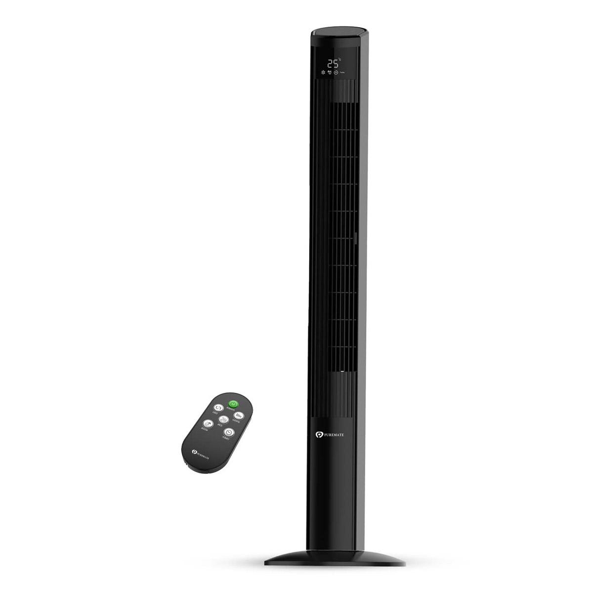 Black 47" oscillating tower fan with a sleek design, digital display showing temperature, and a remote control for easy operation, featuring an integrated air purifier and ECO mode.