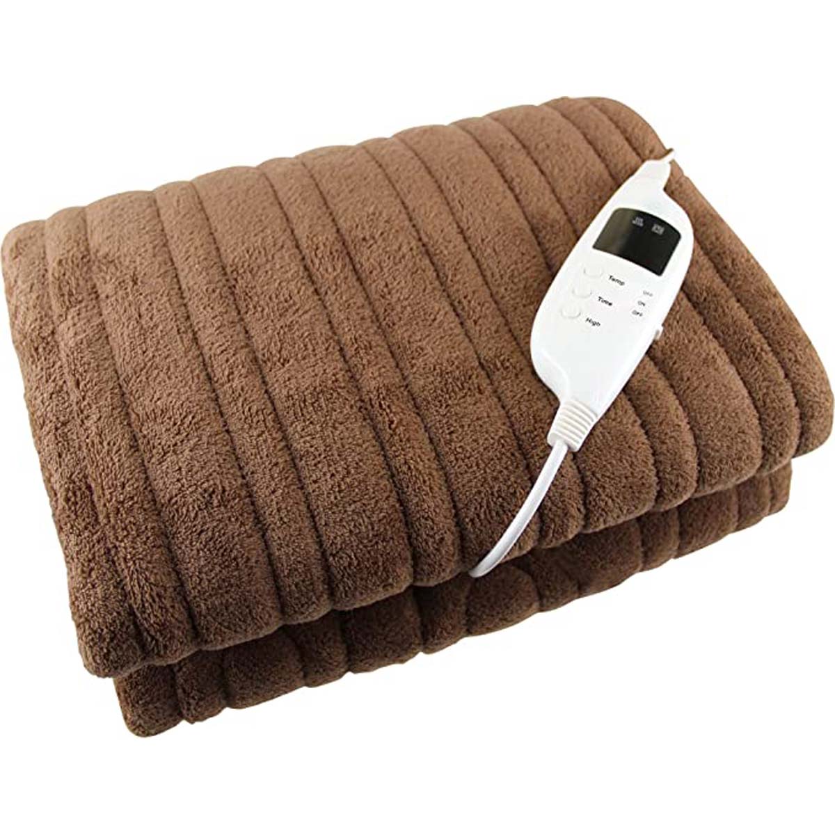 Brown fleece electric heated throw with a soft, ribbed texture, featuring a white control panel with buttons for temperature settings.