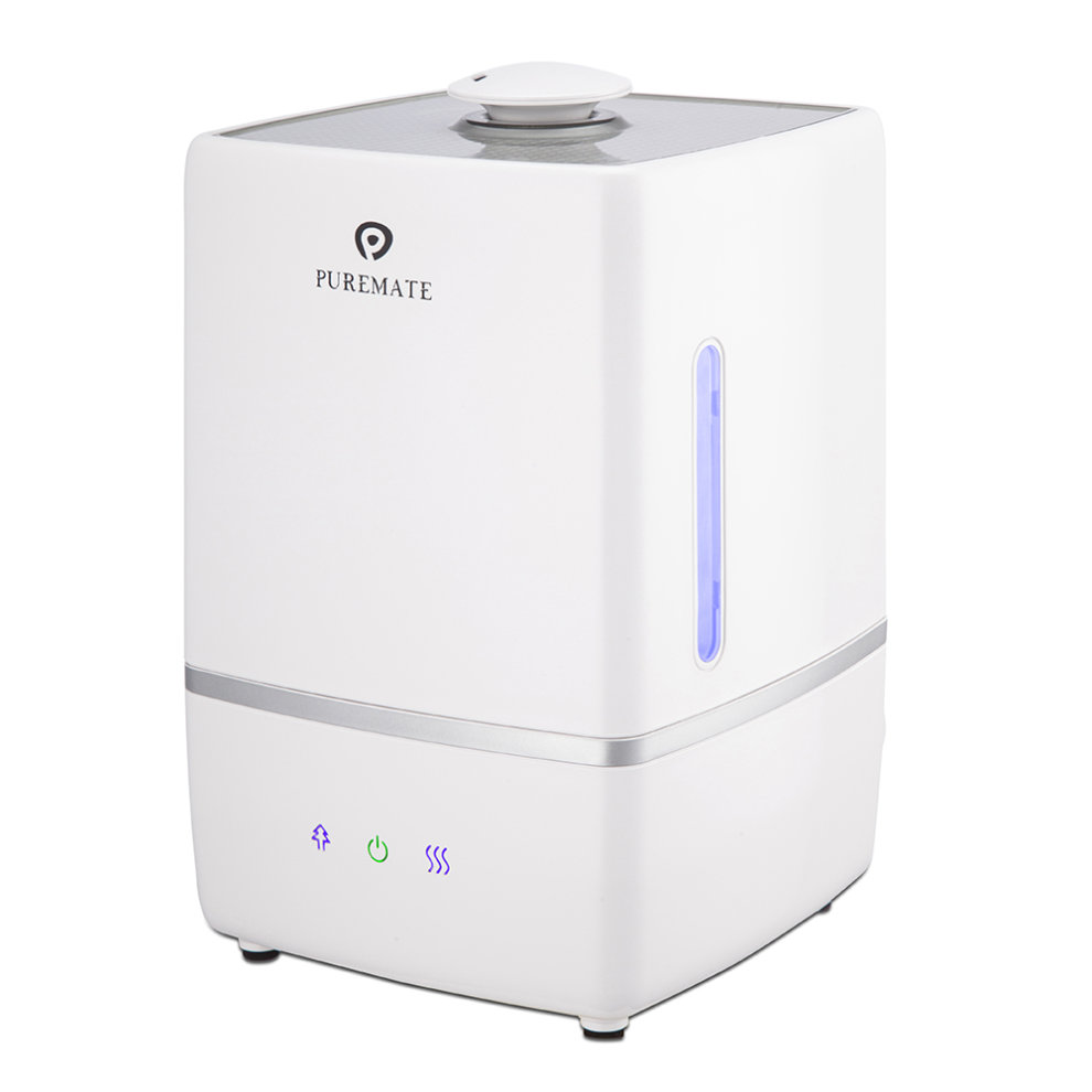 White PureMate PM805 humidifier with a sleek design, featuring a control panel with icons for cool and hot mist, and a blue LED light indicator.