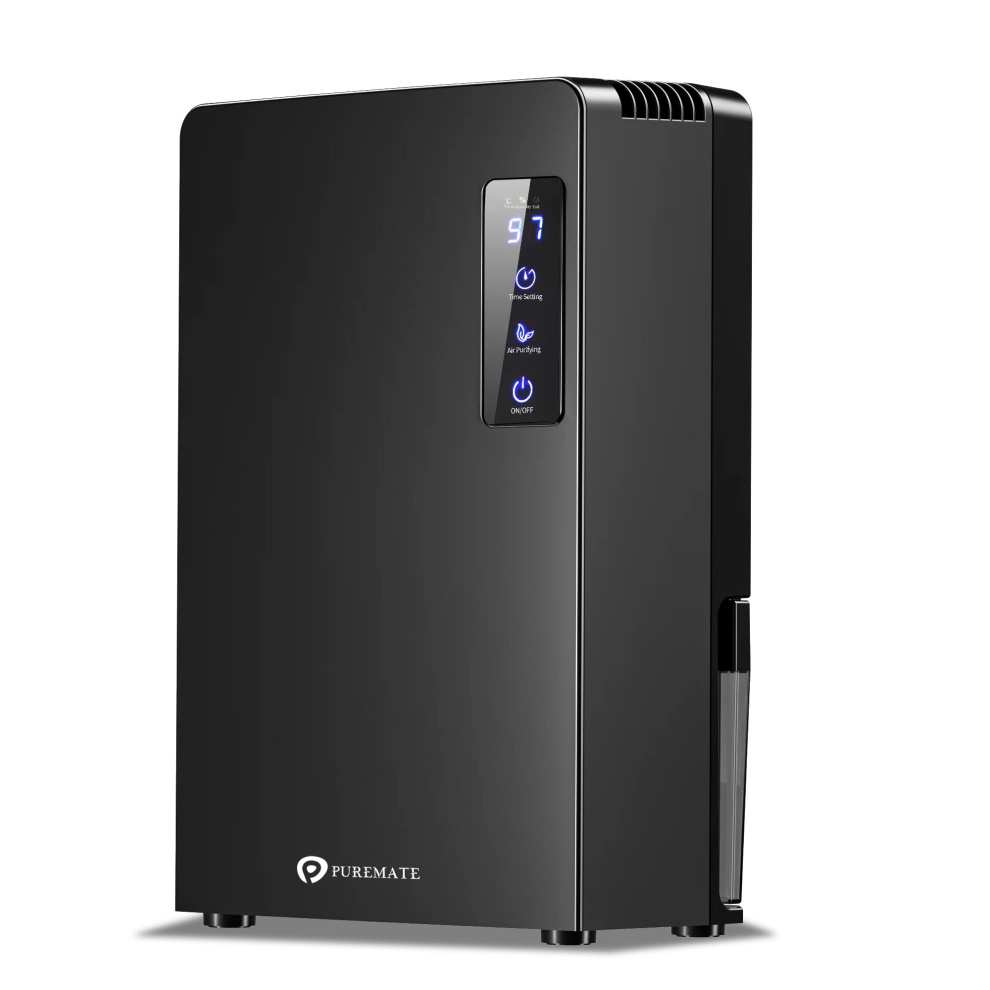 Black Puremate 2200ml dehumidifier with air purifier features a sleek design, digital display, touch controls, and a compact, portable structure for efficient moisture removal.