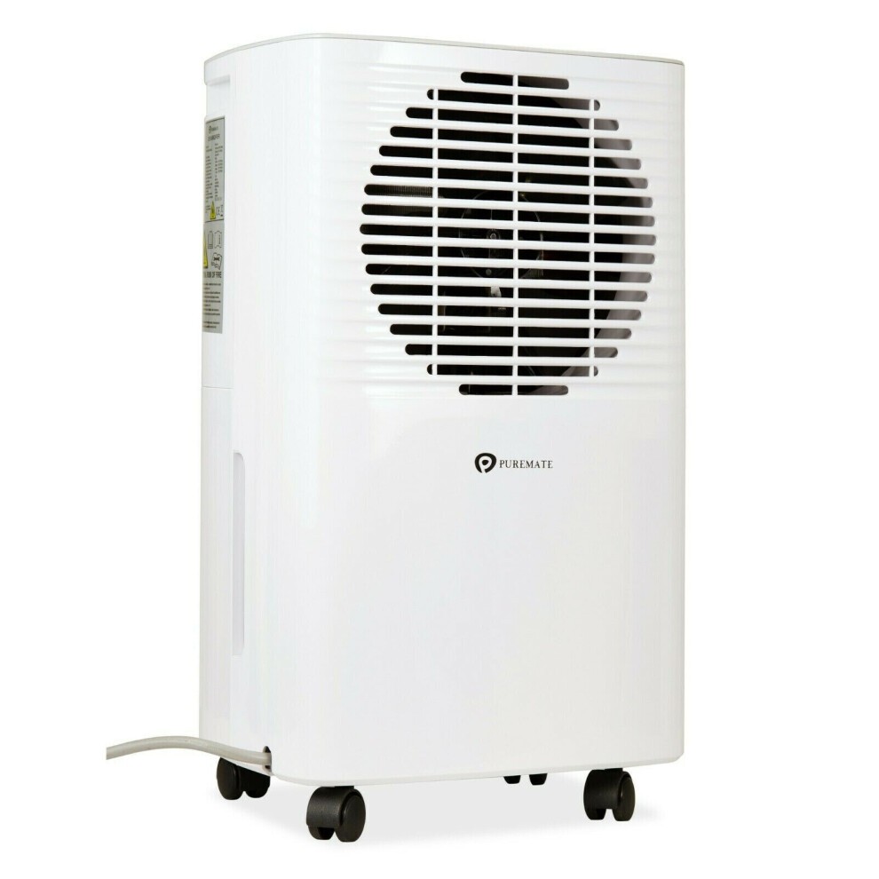 White PureMate 10L portable dehumidifier with a front grille, compact design, and four wheels for mobility, featuring a power cord and control panel on the side.