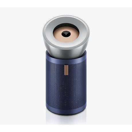 Dyson's Purifier Big+Quiet features a sleek cylindrical design in navy blue with a metallic silver top and a circular air outlet, designed for formaldehyde removal and cooling.