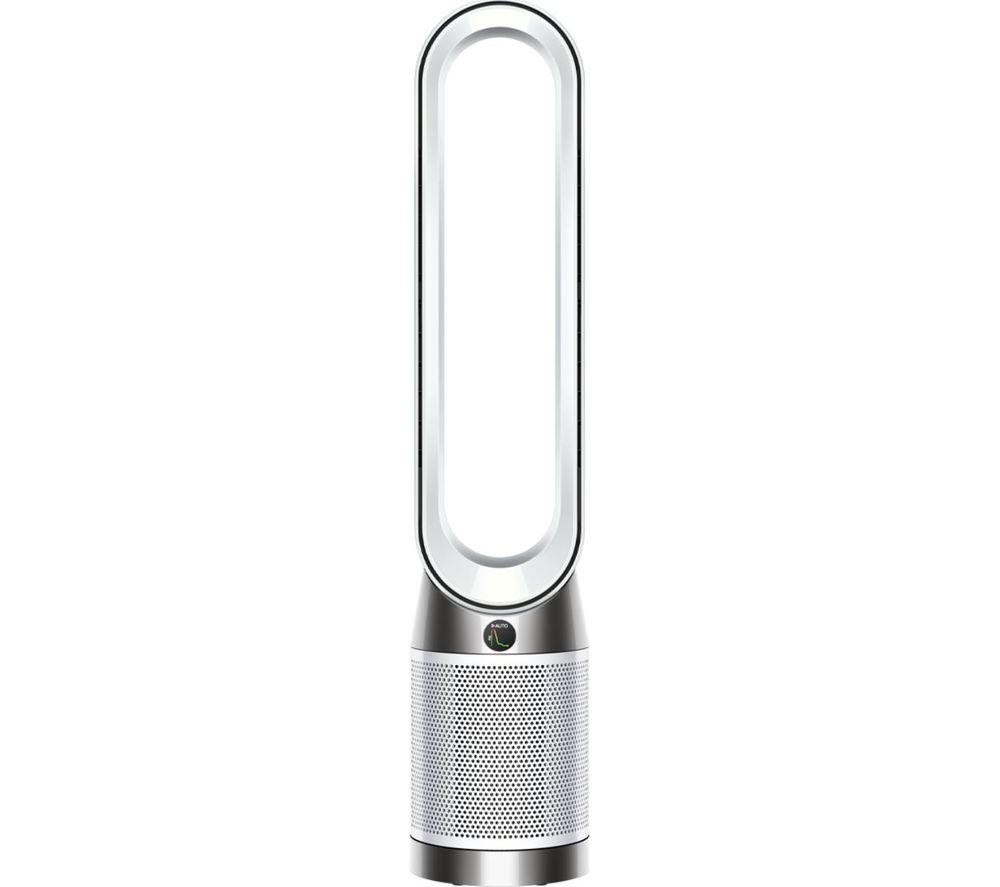 Dyson Purifier Cool Gen1 features a sleek white and silver design with a circular airflow opening, a cylindrical base with a mesh filter, and a control button on the front.