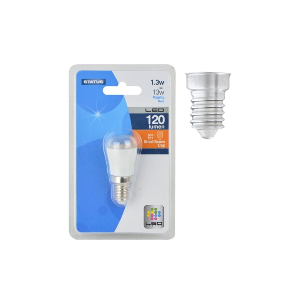 Small Edison screw pygmy bulb by Status, featuring a clear glass top, white plastic base, and packaging displaying 1.3W power and 120 lumens.