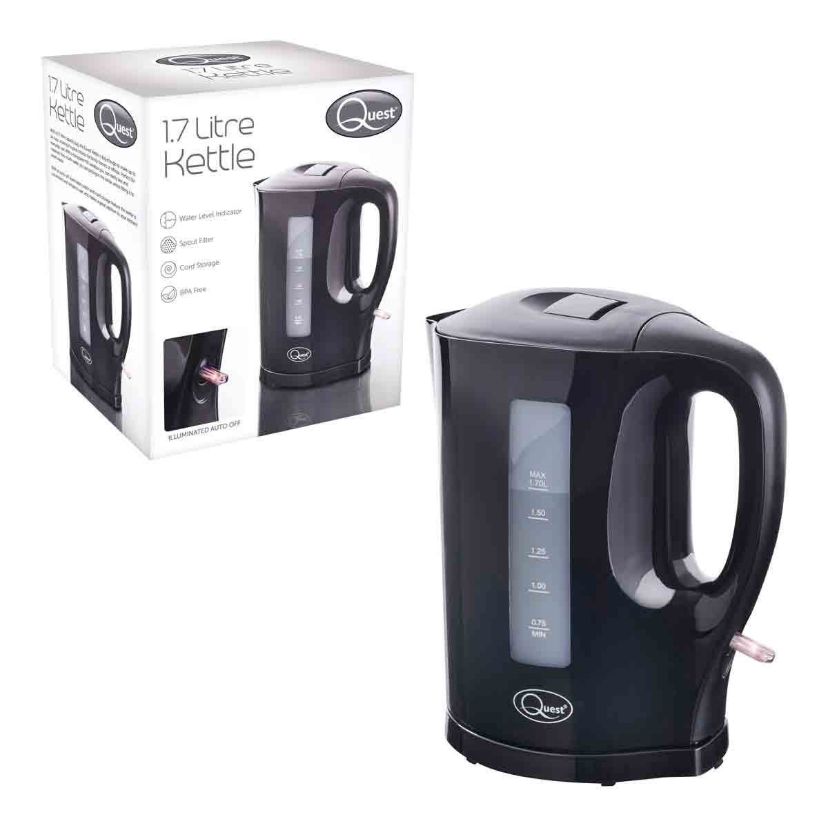 Black plastic 1.7L jug kettle with a transparent water level indicator, a pink spout, and a box featuring the product design and details.