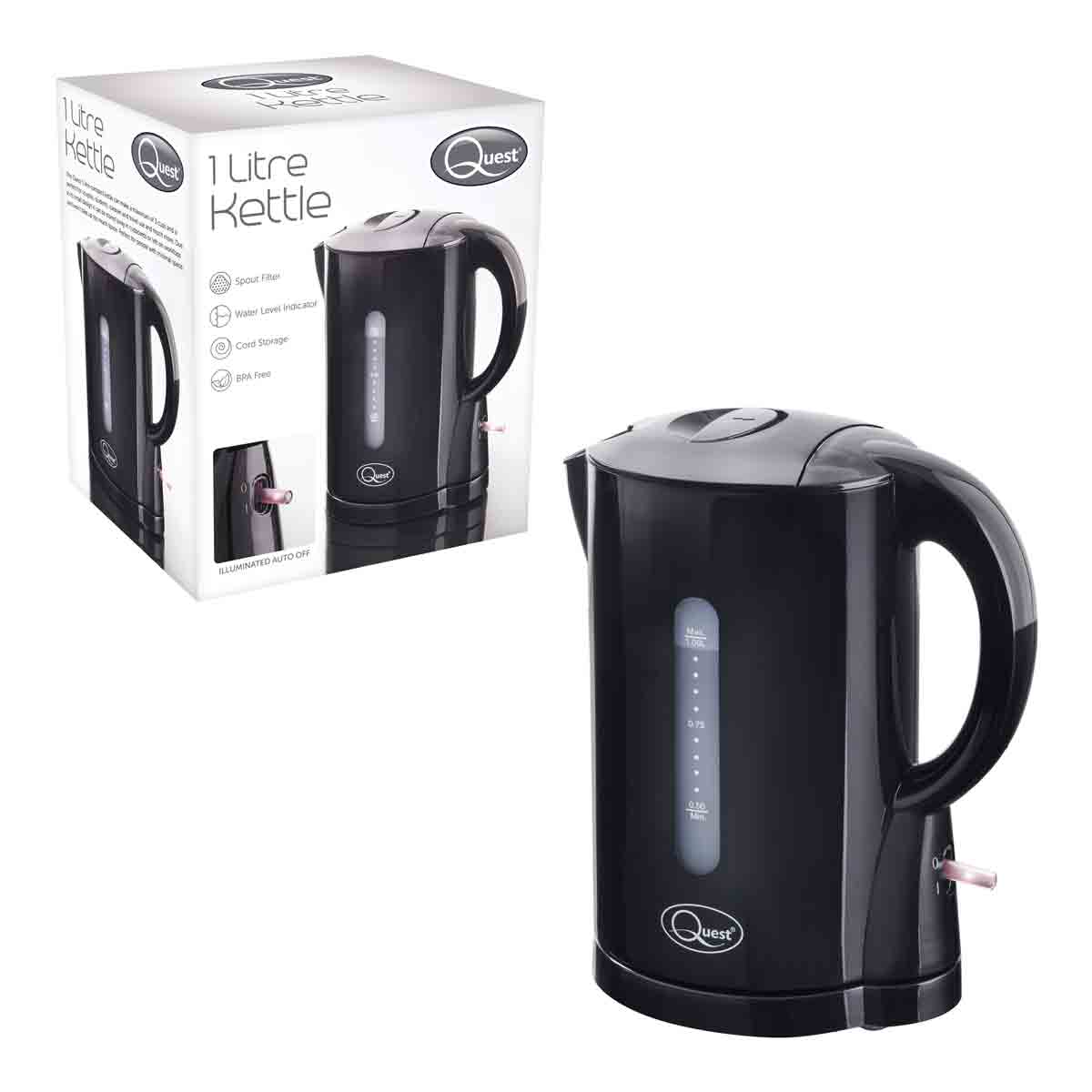 Black plastic 1L jug kettle with a sleek design, water level indicator, cool-touch handle, and an on/off switch, displayed alongside its packaging.