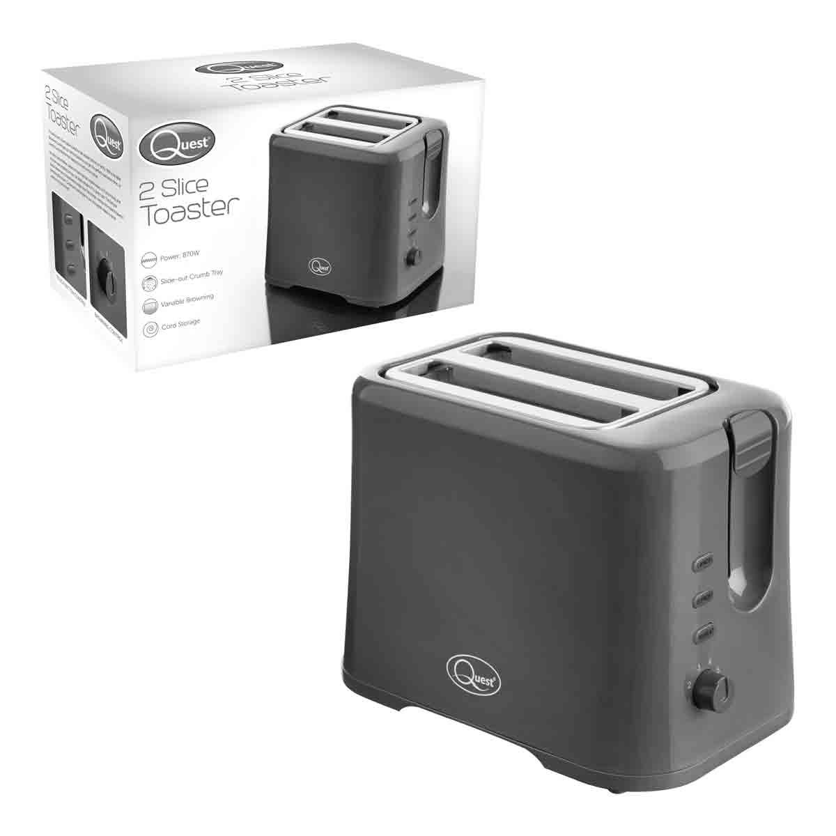 Grey Quest 2 Slice Toaster with two slots, a dial for browning control, and a crumb tray, displayed next to its packaging.