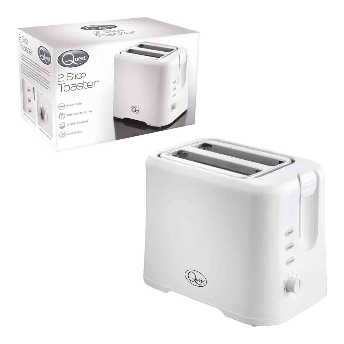 White plastic two-slice toaster with a sleek design, featuring a dial for browning control and a crumb tray, displayed alongside its packaging.