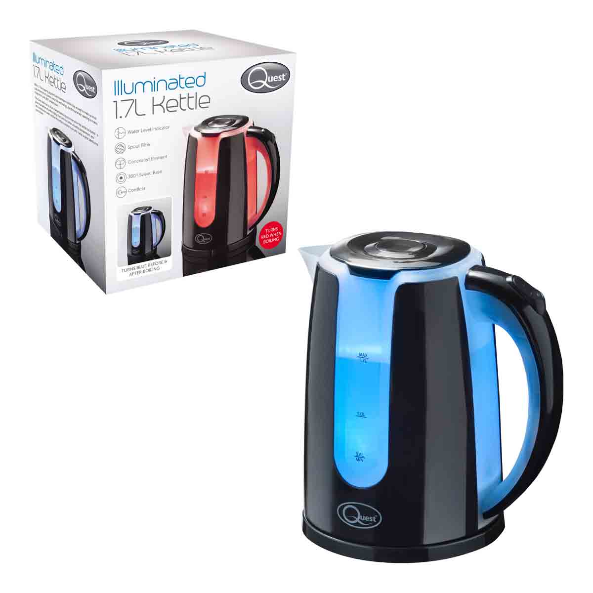 Black plastic kettle with a 1.7L capacity, featuring dual LED illumination in blue and red, a transparent water level indicator, and a sleek ergonomic handle.