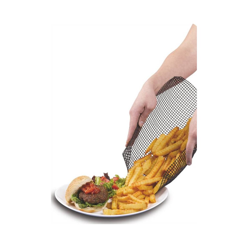 Non-stick black mesh oven tray measuring 33x33cm, featuring a hand pouring crispy fries onto a plate with a burger and salad, showcasing its cooking versatility.