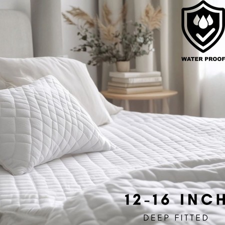 Quilted white waterproof mattress protector designed for 12-16 inch deep mattresses, featuring a soft texture and a sleek, modern aesthetic.