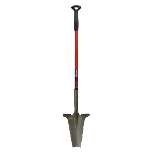 The Root Slayer Nomad features a sturdy, serrated, gray metal blade with a unique V-shaped tip, complemented by a bright red fiberglass handle and a comfortable black rubber grip.
