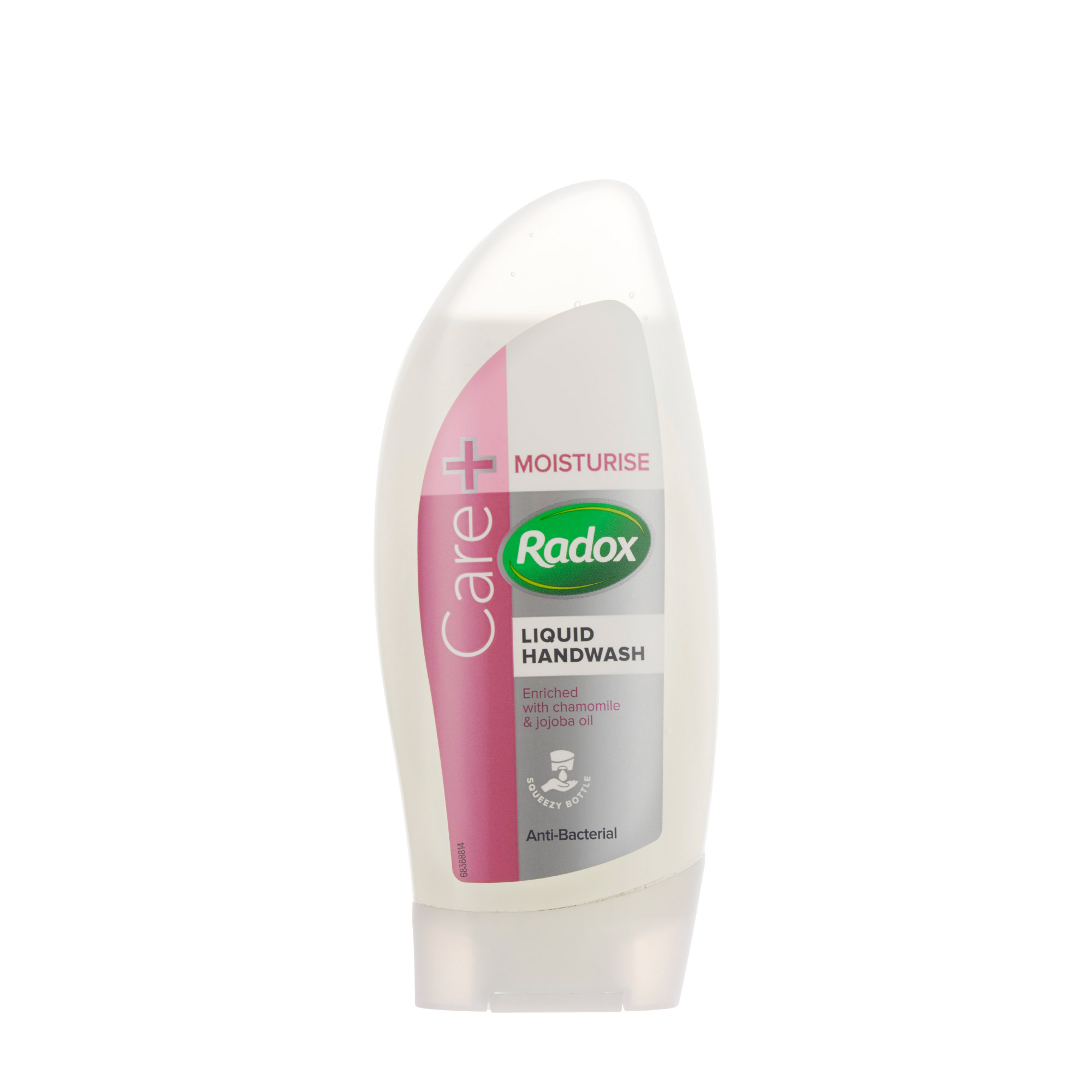 Radox Moisturising Handwash in a 250 ml bottle, featuring a white and pink design, with chamomile and jojoba oil scent, labeled as anti-bacterial and enriched for hydration.