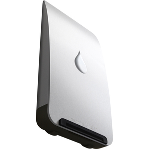 Silver ISlider stand for iPad and iPhone by Rain Design, featuring a sleek, curved design with a drop-shaped cutout and a sturdy base for stability.