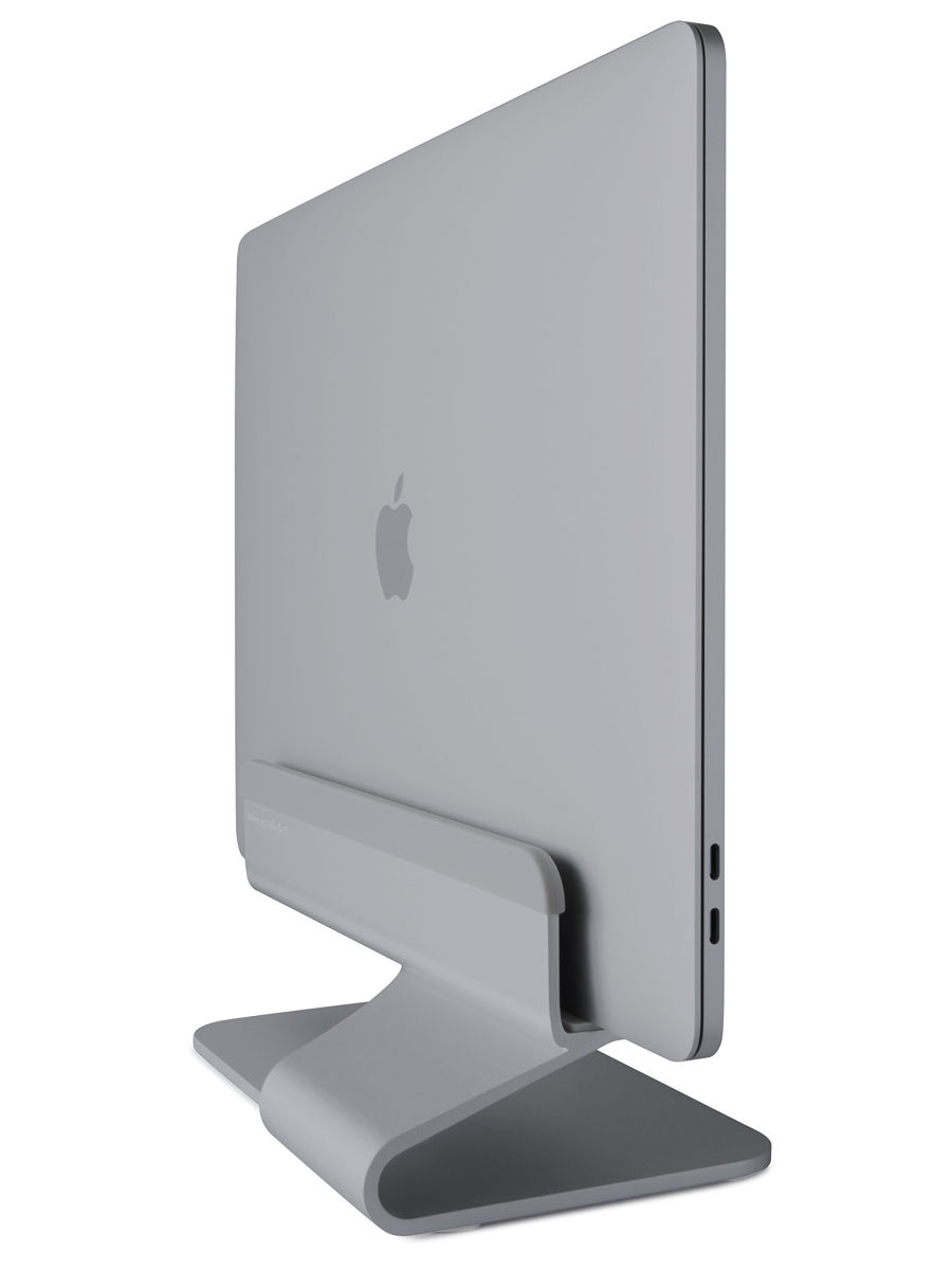 Vertical laptop stand in space grey, featuring a sleek, minimalist design with a curved base, designed for stability and optimal airflow, compatible with various laptop sizes.