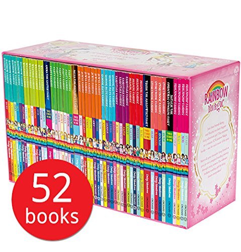 Colorful box set of 52 paperback children's books from the "Rainbow Magic" series by Daisy Meadows, featuring vibrant spines in various shades and a pink box with whimsical designs.