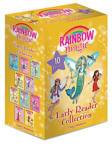 Bright yellow box set featuring the "Rainbow Magic Early Reader Collection" with colorful illustrations of fairies on the cover and spines, containing 10 paperback books by Daisy Meadows.