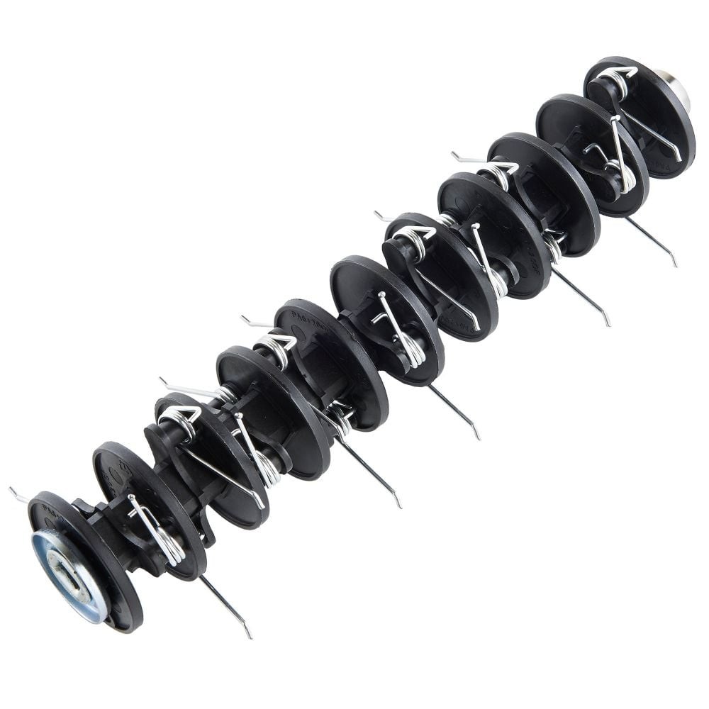Black rake dethatcher drum with multiple metal tines, designed for a 1500W electric lawn scarifier and rake, featuring a cylindrical shape and sturdy construction.