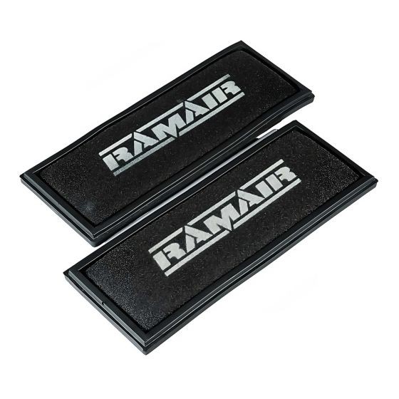 Two black foam filters with a rectangular shape, measuring 353x134mm, featuring a prominent white "RamAir" logo on each filter.