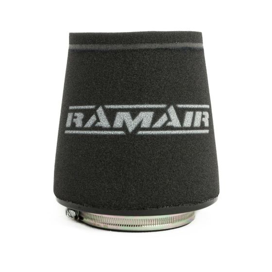 Black foam air filter element with a silver RamAir logo, featuring a metal clamp at the base for secure attachment.
