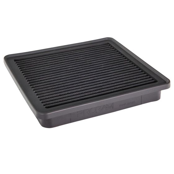 Black rectangular air filter with a textured surface and ridges, featuring the "PRORAM" logo embossed on the side, designed for performance replacement.