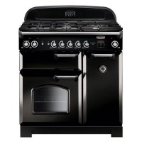 Classic 90cm dual fuel range cooker in black with chrome trim, featuring a gas hob, multiple control knobs, and a large oven with a glass window.