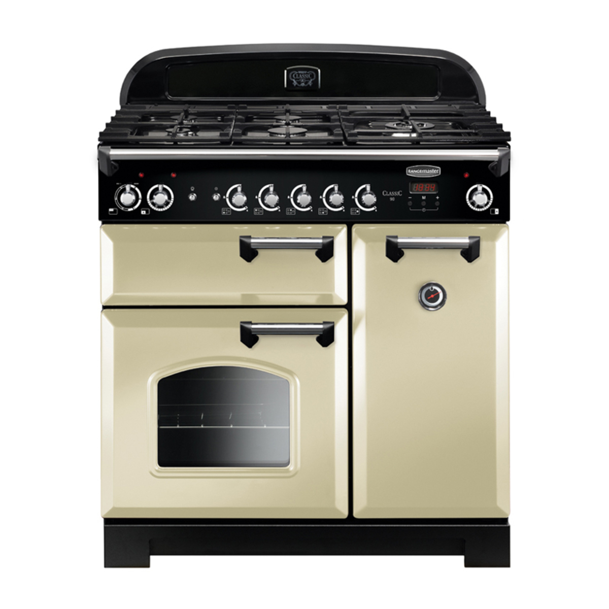Cream-colored 90cm dual fuel range cooker with chrome trim, featuring a black control panel, five gas burners, two ovens, and a classic design with round knobs and a glass window.