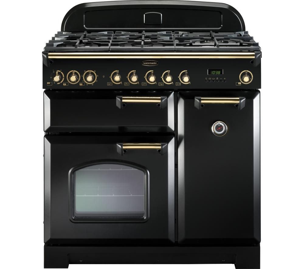 Classic 90cm dual fuel range cooker in black with brass trim, featuring a gas hob with multiple burners, two ovens, and a digital display.