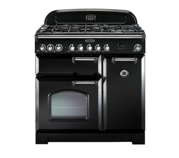 Classic 90cm dual fuel range cooker in black with chrome trim, featuring a gas hob, multiple control knobs, and two ovens, one with a glass window.