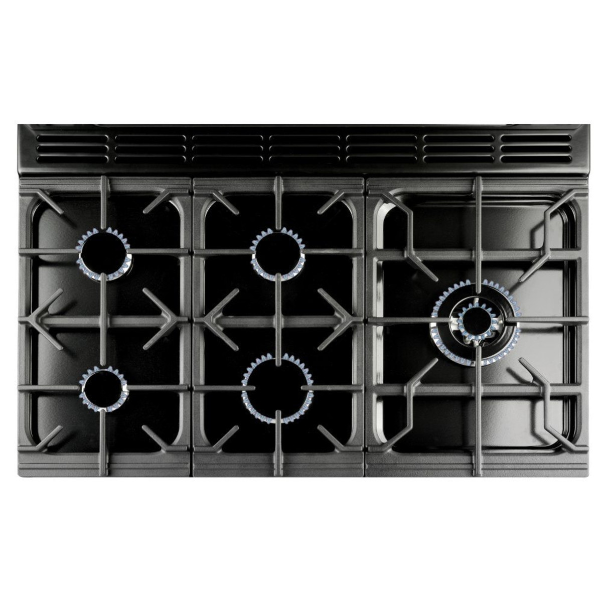 Classic Deluxe 90cm dual fuel range cooker in charcoal black with chrome trim, featuring six gas burners and a sleek black enamel finish.
