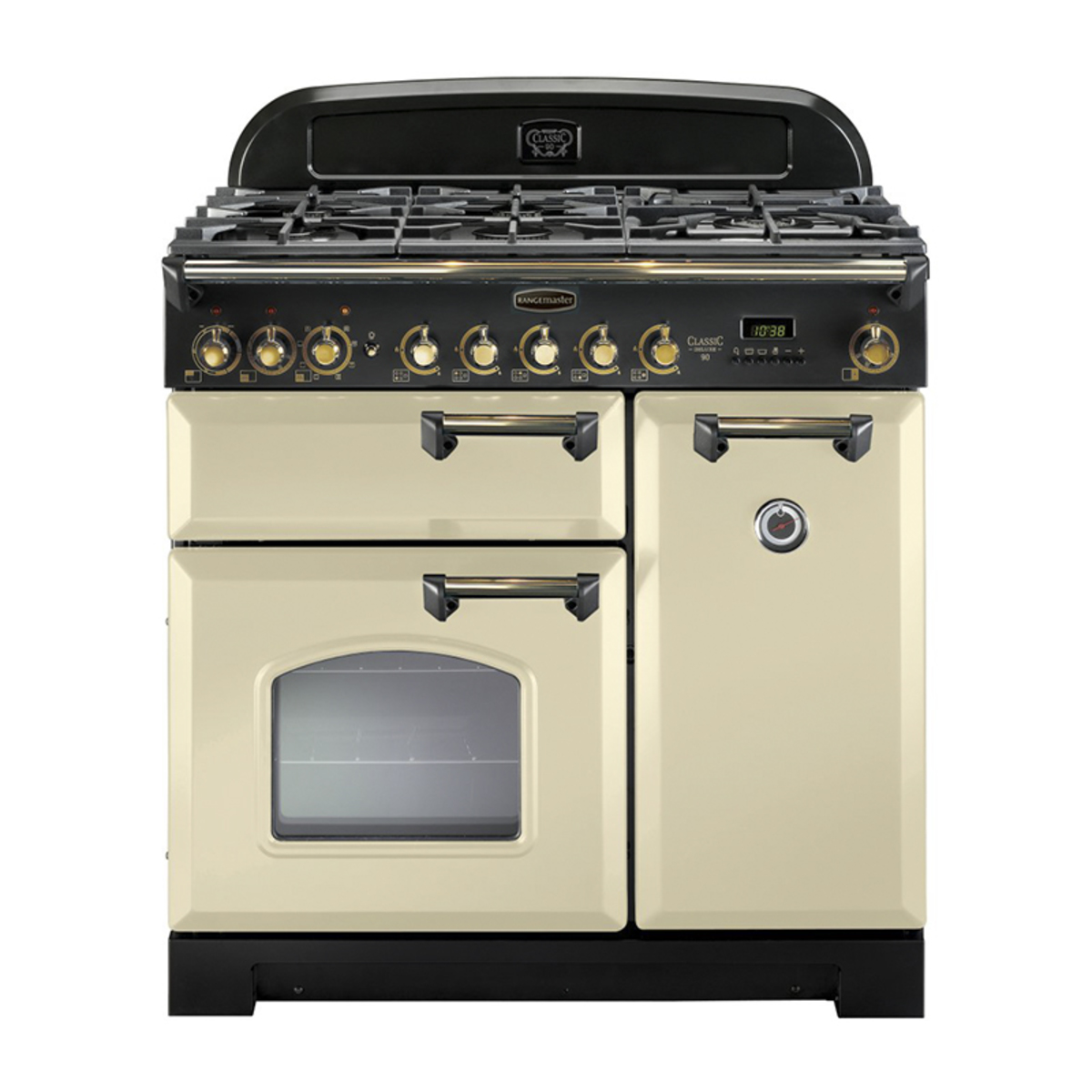 Classic 90cm dual fuel range cooker in cream with brass trim, featuring a black gas hob, multiple control knobs, and two ovens with a glass window.