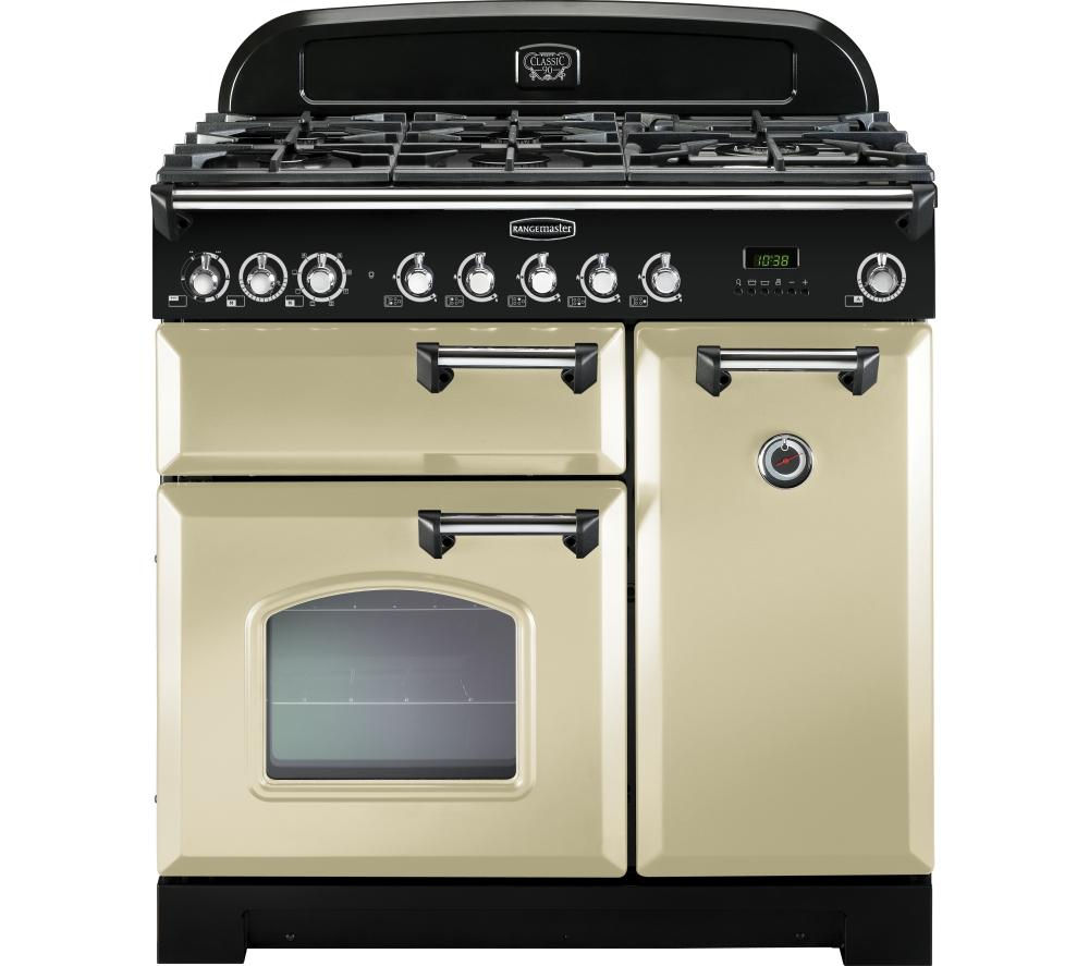 Classic cream dual fuel range cooker with chrome trim, featuring five gas burners, two ovens, a digital display, and a stylish black control panel.