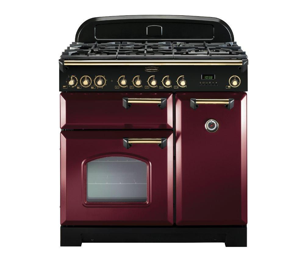 Classic 90cm dual fuel range cooker in cranberry with brass trim, featuring a gas hob with multiple burners, a glass-fronted oven, and brass knobs for controls.