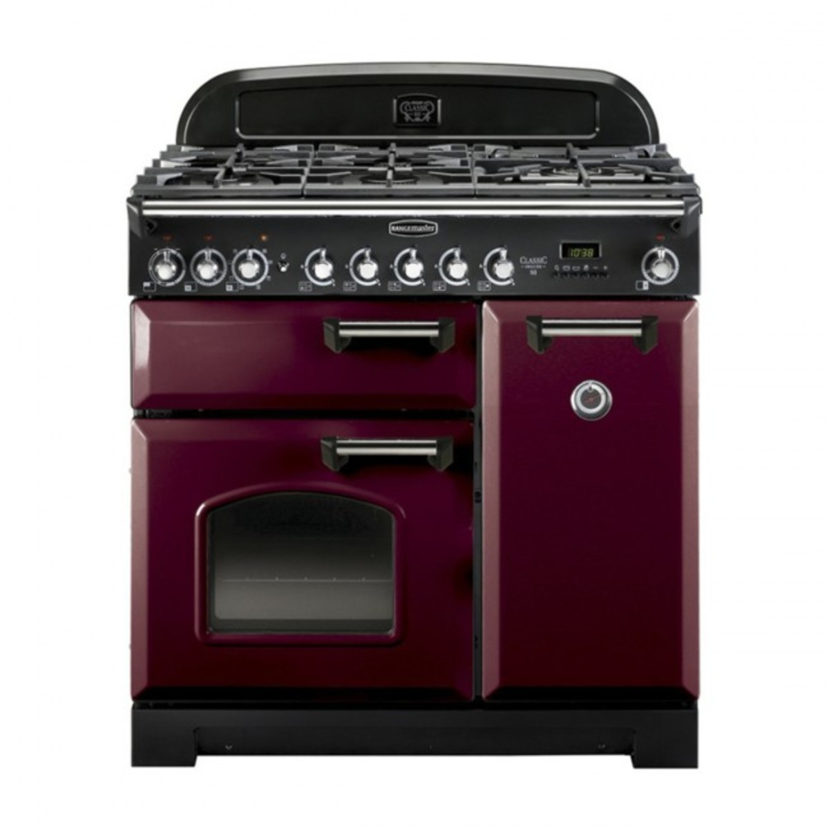 Classic 90cm dual fuel range cooker in cranberry with chrome trim, featuring a gas hob, multiple control knobs, and two ovens with glass doors.