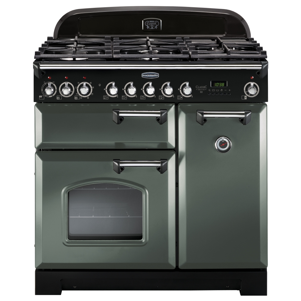 Classic Deluxe 90cm dual fuel range cooker in mineral green with chrome trim, featuring six gas burners, two ovens, and a digital display.
