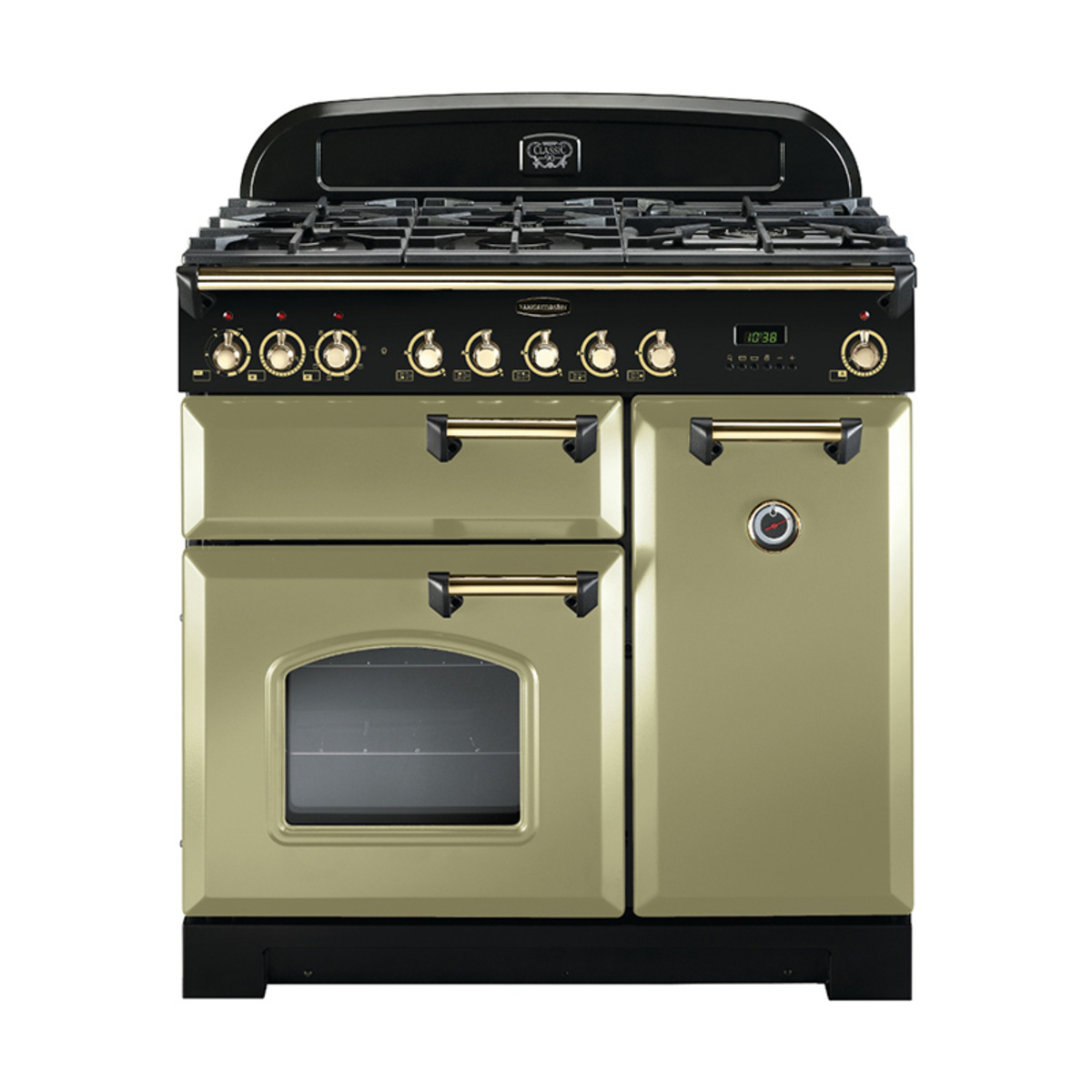 Classic Deluxe 90cm dual fuel range cooker in olive green with brass trim, featuring a five-burner gas hob, two ovens, and stylish control knobs.