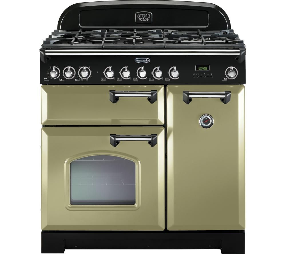 Classic 90cm dual fuel range cooker in olive green with chrome trim, featuring a gas hob, five burners, and two ovens with a glass window and control knobs.