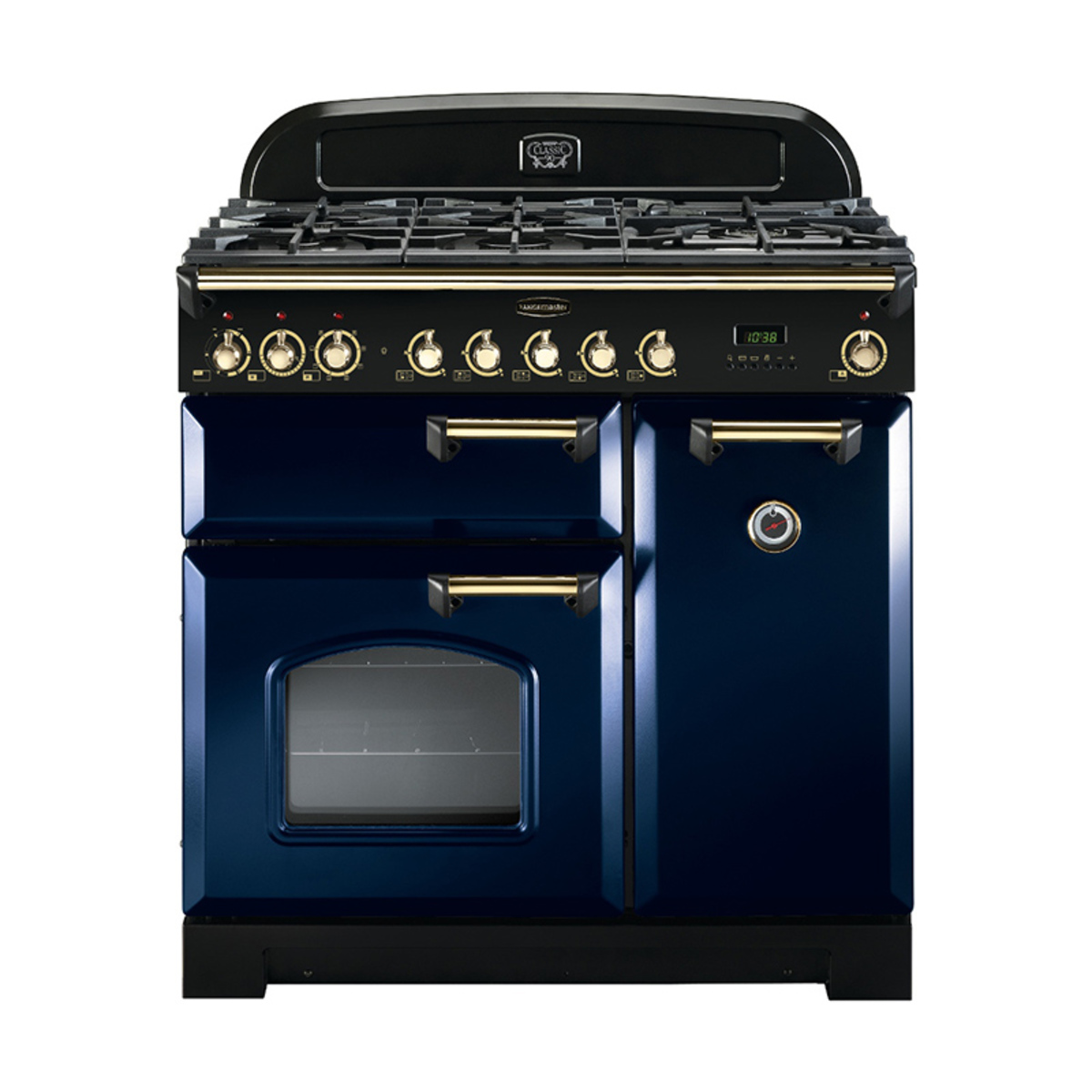 Classic 90cm dual fuel range cooker in regal blue with brass trim, featuring a five-burner gas hob, two ovens, and a digital display.