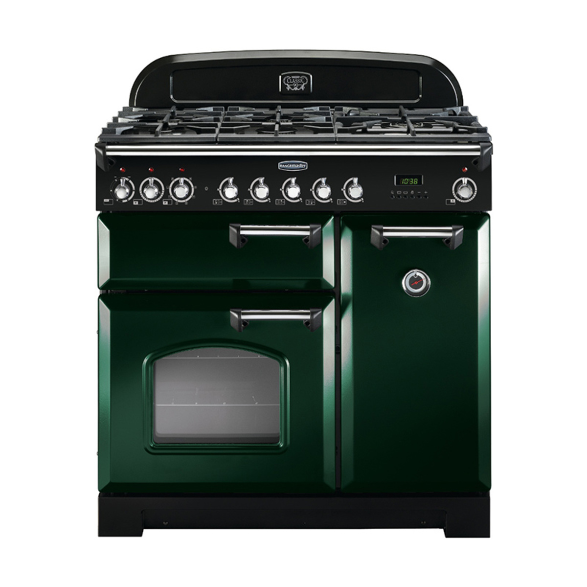Classic 90cm dual fuel range cooker in racing green with chrome trim, featuring a gas hob, multiple control knobs, and two oven doors.