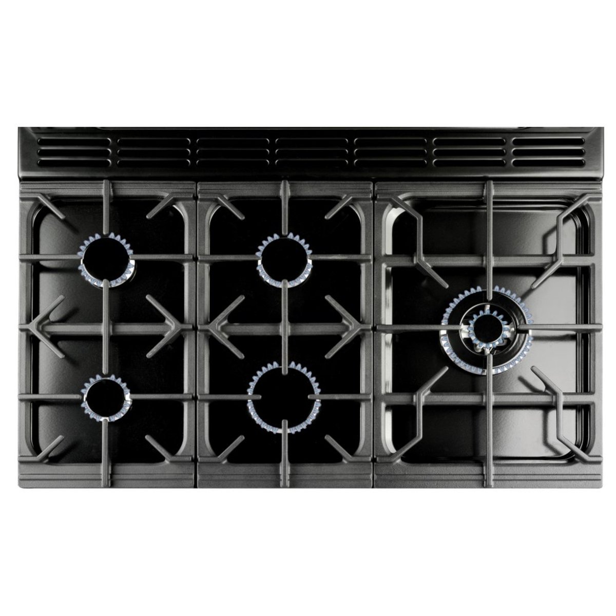 Classic 90cm dual fuel range cooker in Royal Pearl with brass trim, featuring six gas burners, a black enamel finish, and a stylish, professional design.