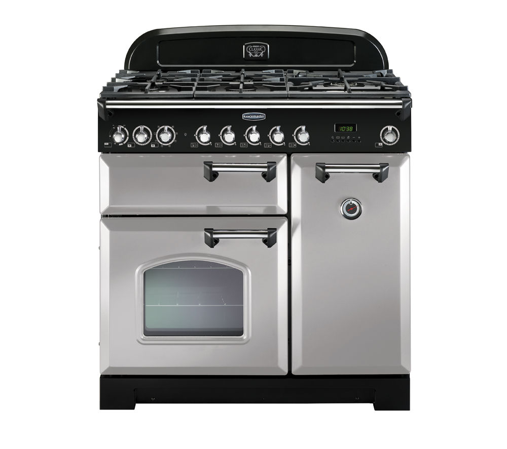 Classic Deluxe 90cm dual fuel range cooker in Royal Pearl with chrome trim, featuring a black control panel, five gas burners, and two ovens with a glass door.