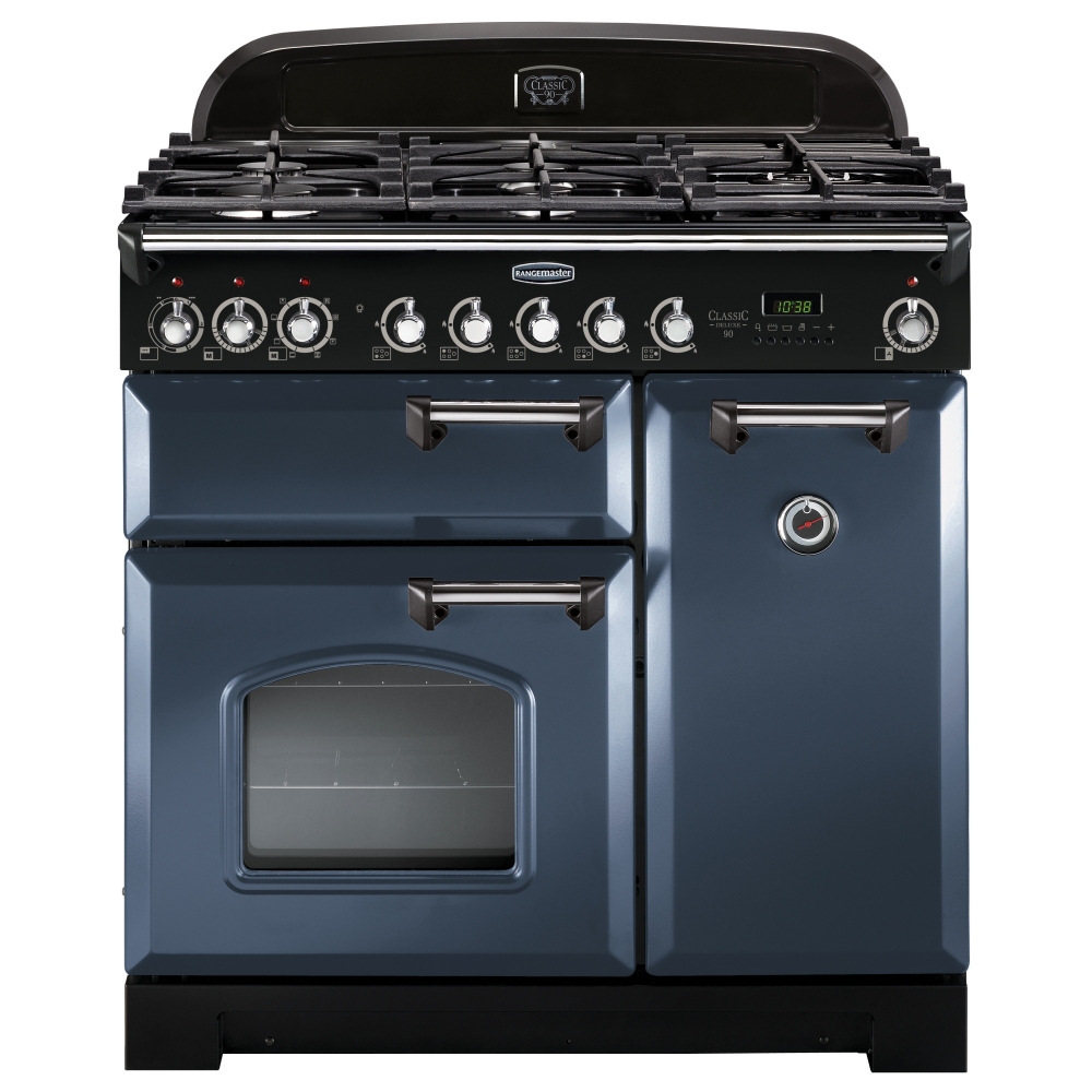 Classic Deluxe 90cm dual fuel range cooker in stone blue with chrome trim, featuring a five-burner gas hob, dual ovens, and stylish control knobs.
