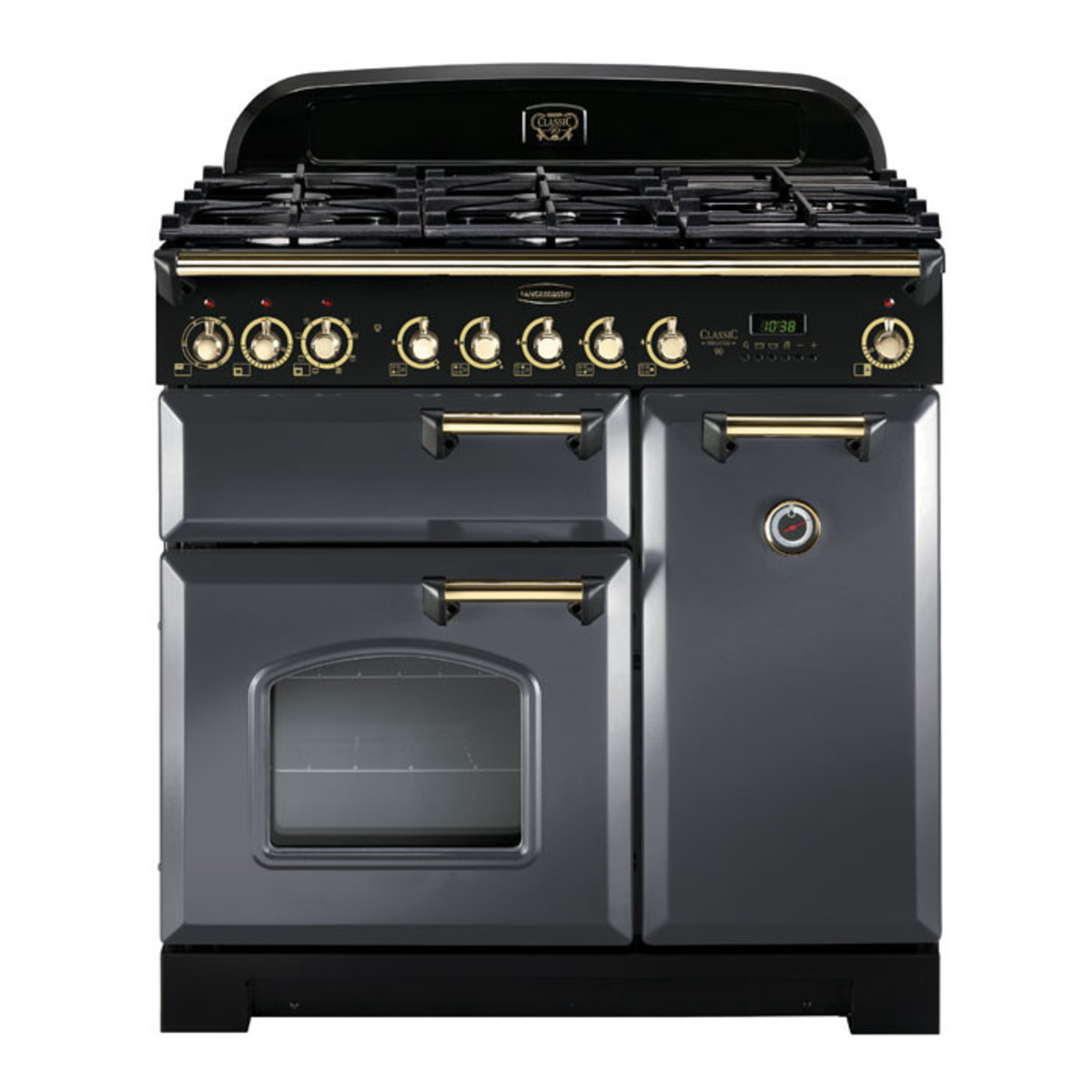 Classic Deluxe 90cm dual fuel range cooker in slate with brass trim, featuring a black control panel, multiple gas burners, and a large oven with a glass door.
